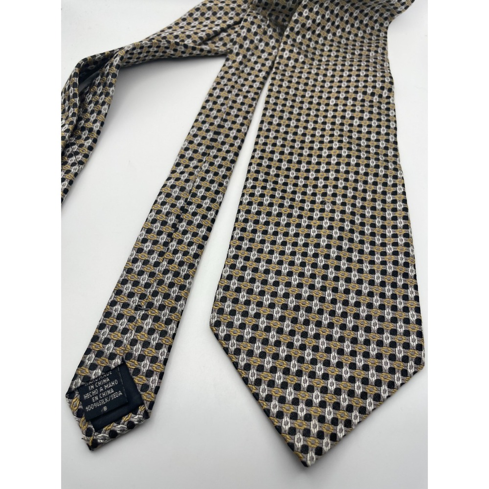 Claiborne Silk Necktie Black Silver Gold Geometric Woven Handmade Classic Tie